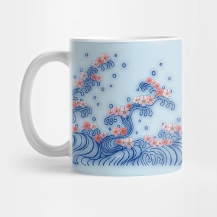 Blue Waves and Pink Cherry Flowers in Japanese Art Style Mug